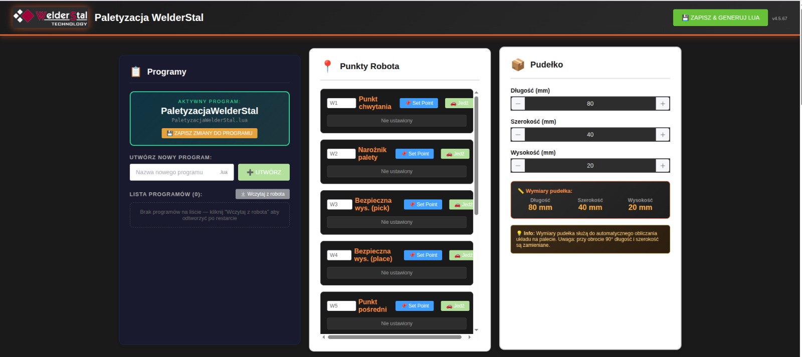 Interfejs pluginu Paletyzacja Welderstal